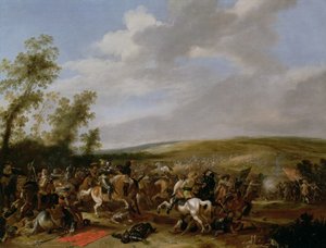 Slagscene ved Lutsen mellom kong Gustavus Adolphus av Sverige mot troppene til Wallenstein, 1632